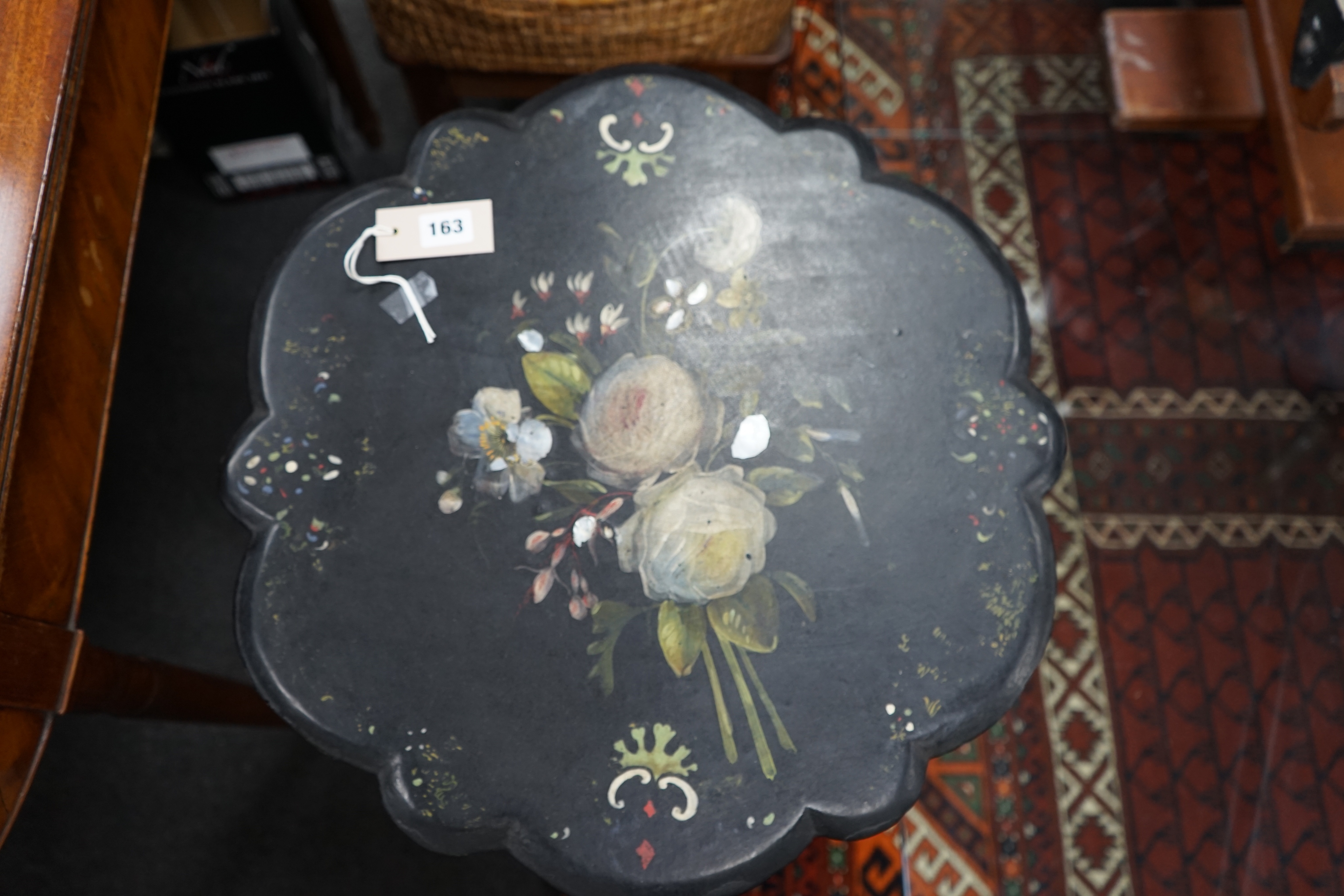 A Victorian painted mother of pearl inlaid papier mache tilt-top wine table, width 50cm depth 49cm height 66cm